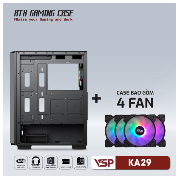 Vỏ máy tính VSP KA29 Đen (kèm 4 fan LED)
