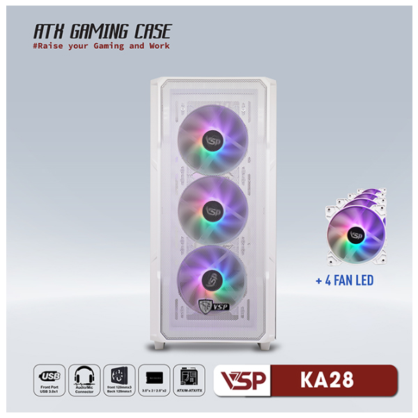 Vỏ máy tính VSP KA28 Trắng (kèm 4 fan LED)