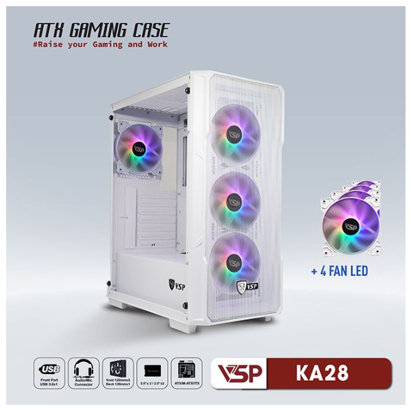Vỏ máy tính VSP KA28 Trắng (kèm 4 fan LED)
