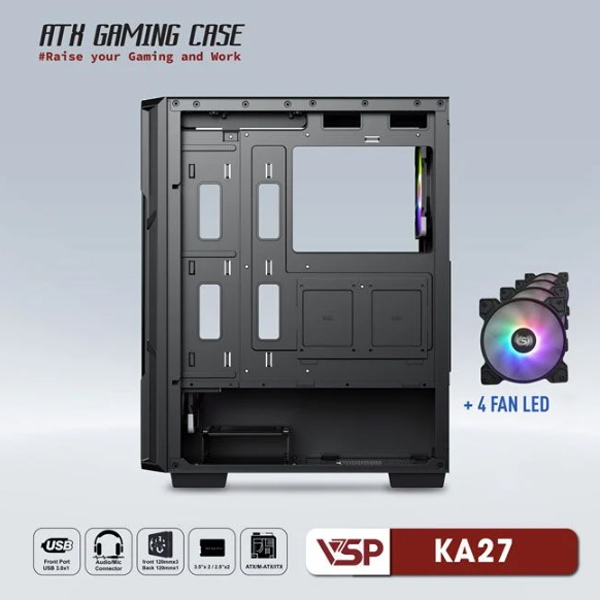Vỏ máy tính VSP KA27 Đen (kèm 4 fan LED)