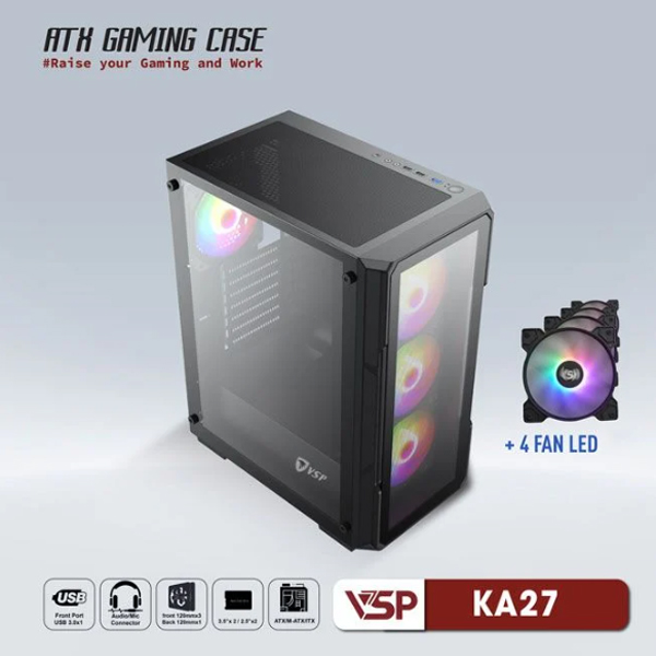 Vỏ máy tính VSP KA27 Đen (kèm 4 fan LED)