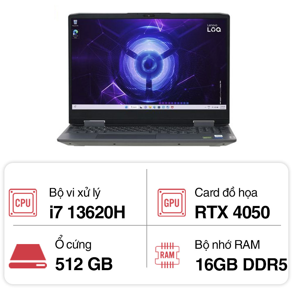 Laptop Lenovo LOQ Gaming 15IRH8 82XV00QXVN (Core i7 13620H/ 16GB/ 512GB SSD/ Nvidia GeForce RTX 4050 6GB GDDR6/ 15.6inch Full HD/ Windows 11 Home/ Storm Grey/ PC + ABS (Top), PC + ABS (Bottom)/ 2 Year)