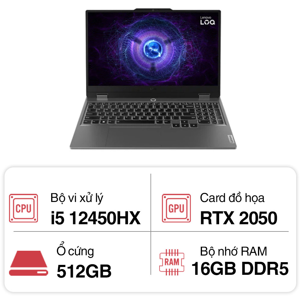 Laptop Lenovo LOQ Gaming 15IAX9 (i5 12450HX/ 16GB/ 512GB SSD/ RTX 2050 4GB/ 15.6 inch FHD/ Win11/ 2Y)