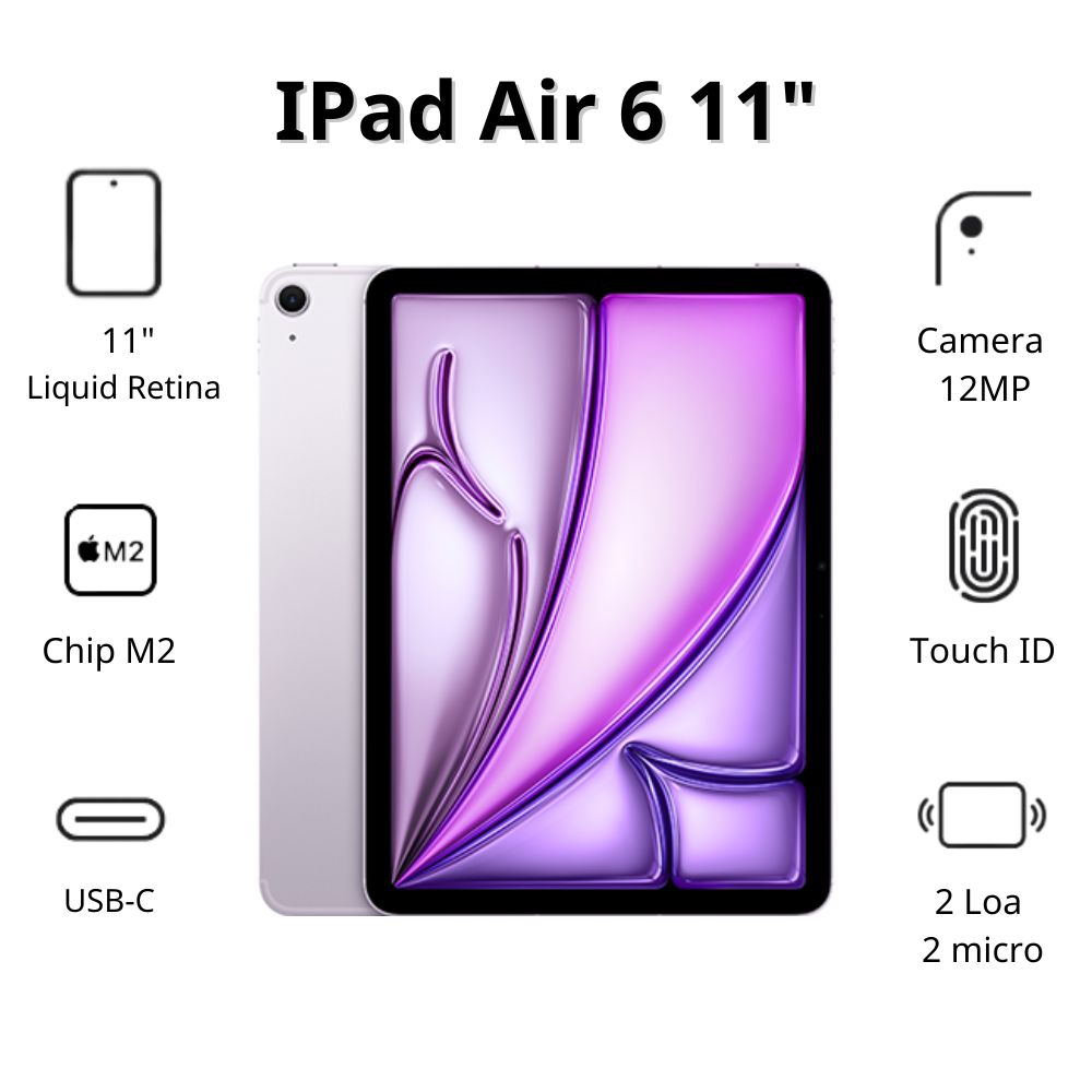 Máy tính bảng Apple IPad Air 6 11inch 5G (8GB/ 128Gb/ Purple/ MUXG3ZA/A)
