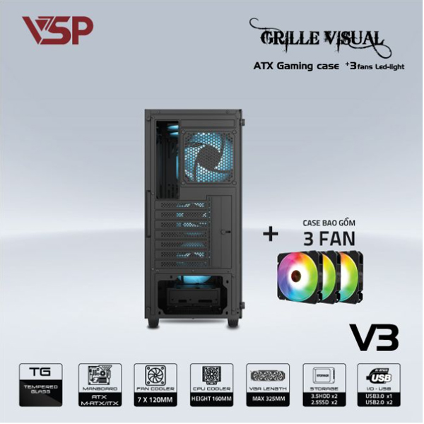 Vỏ máy tính VSP V3 đen (Kèm 3 fan LED) (Mid Tower)