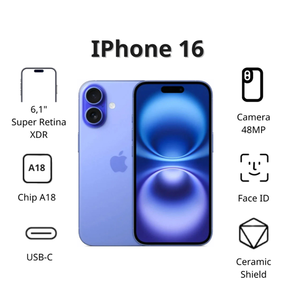 Điện thoại Apple iPhone 16 (128Gb/ Xanh lưu ly)