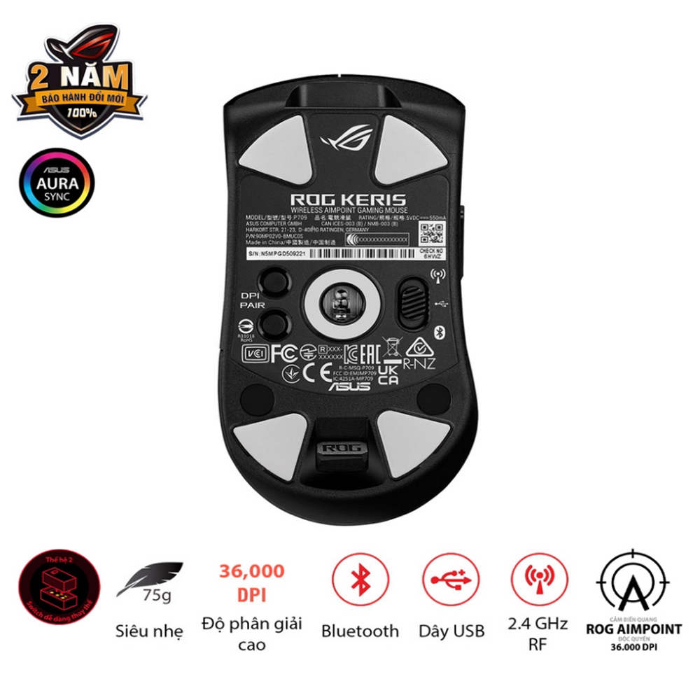 Chuột Gaming không dây Asus Keris Wireless Aimpoint Black (Bluetooth/Wireless/ LED RGB)