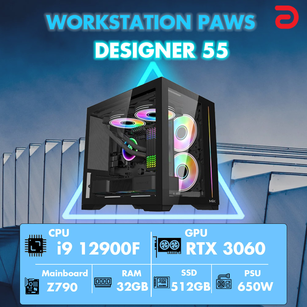 Máy tính PAWS DESIGNER 55 (I9 12900F/Z790/32GB/512Gb SSD/ RTX 3060 12Gb/650W)