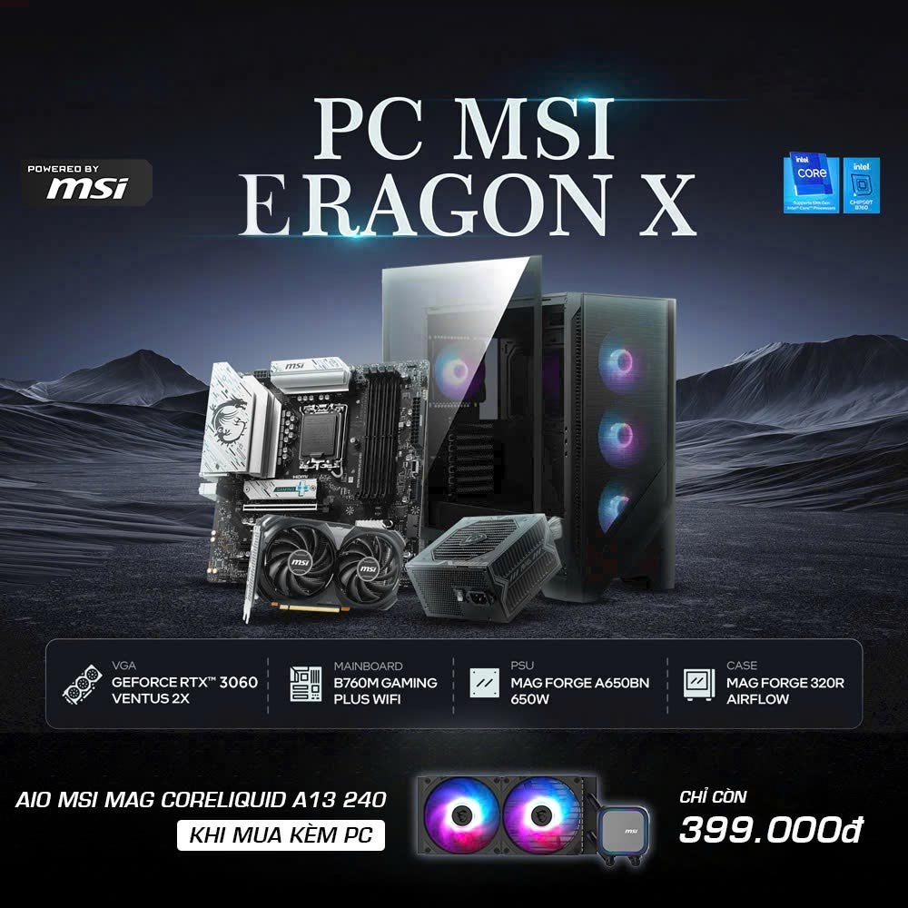 Máy tính PCPA x MSI Eragon X (I5 14400F/ 16GB/ 512GB SSD/ RTX 3060 12Gb/650W) 