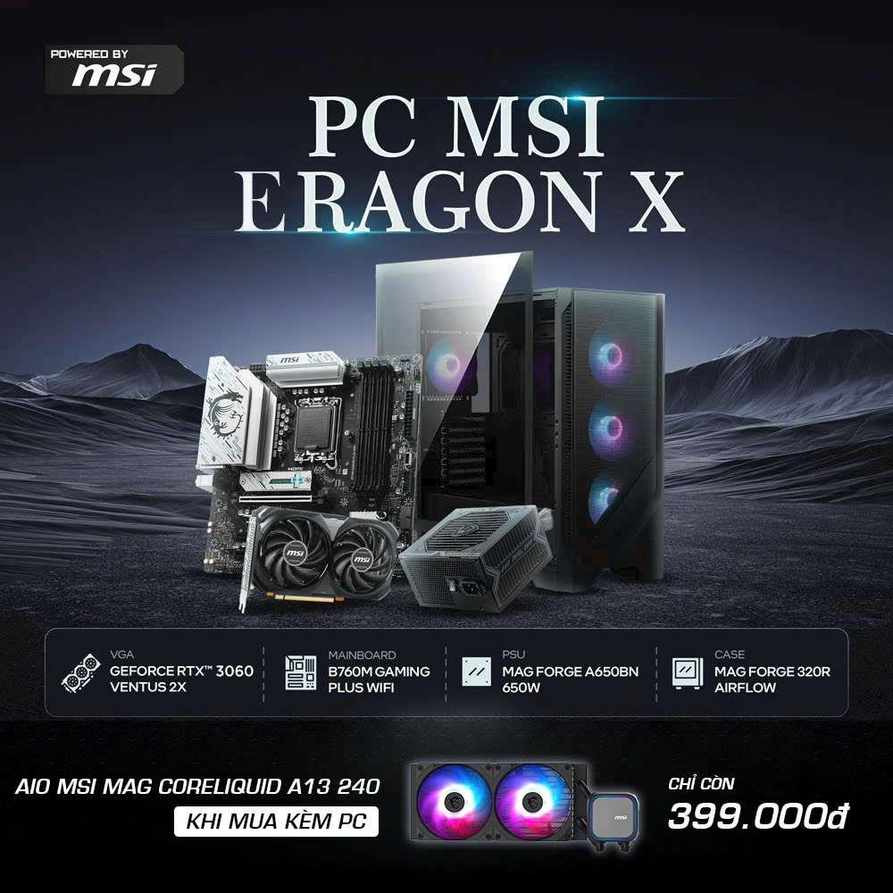 Máy tính PCPA x MSI Eragon X (I5 14400F/ 16GB/ 512GB SSD/ RTX 3060 12Gb/650W) 