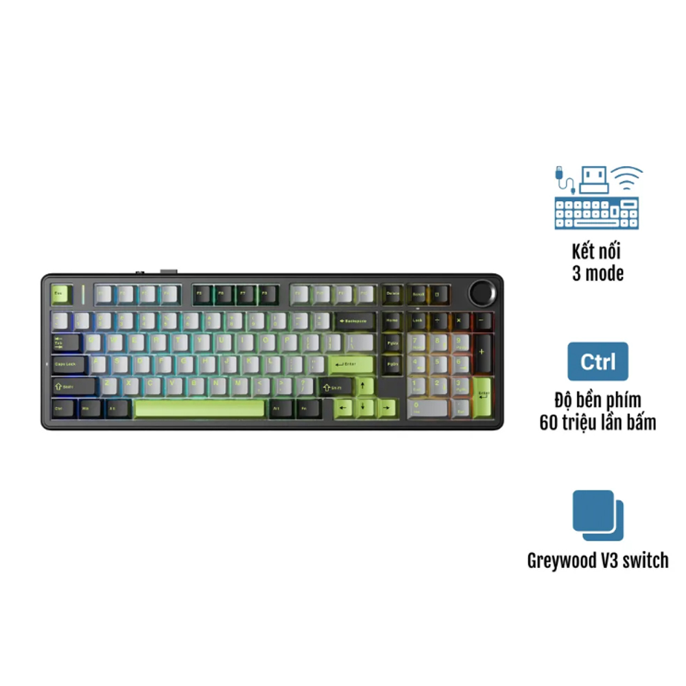 Bàn phím cơ Aula 3 MODE F99 PRO Đen + Xám + Xanh lá Greywood V3 switch