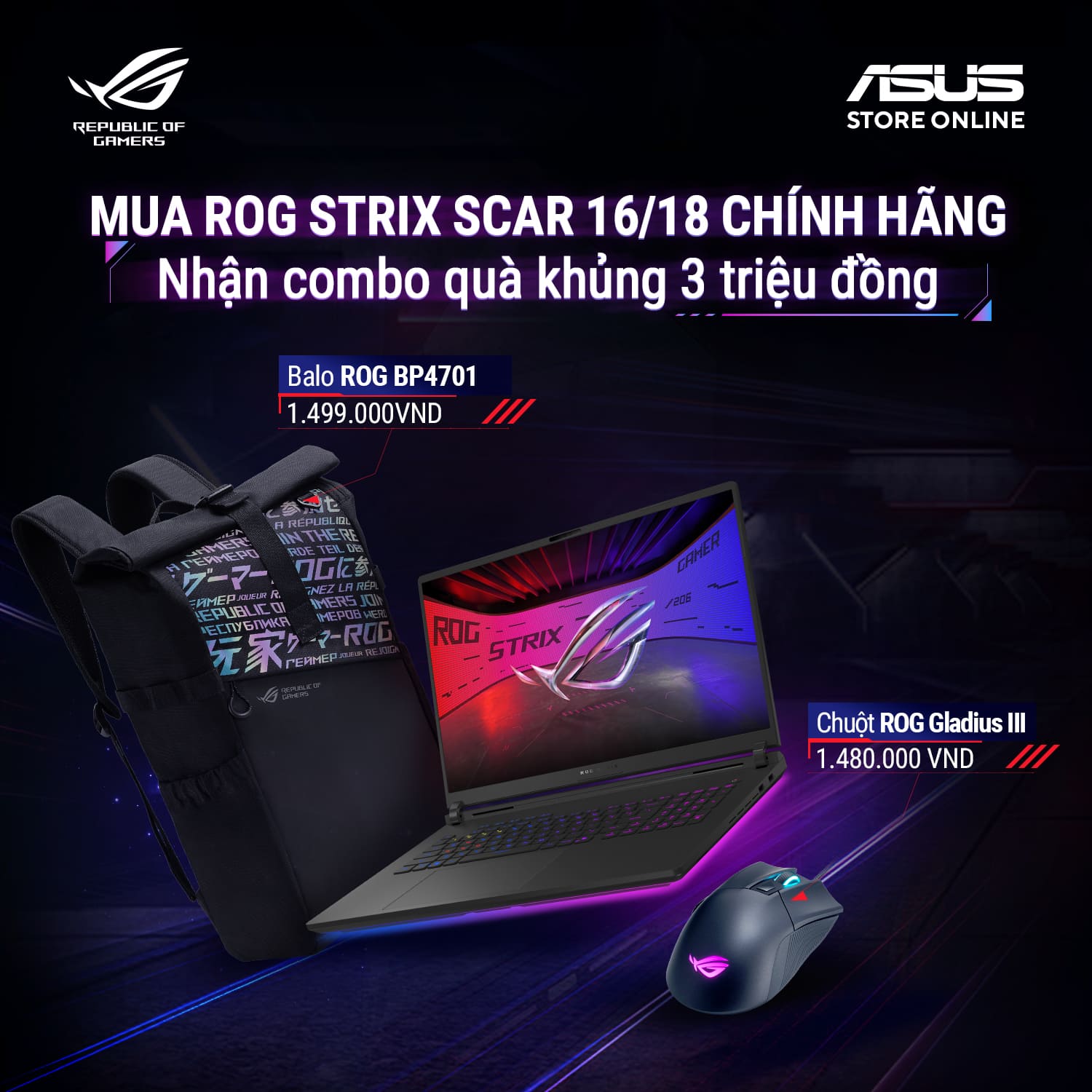 Laptop Asus Gaming ROG Strix SCAR 16 G635LW-RW175W (Ultra 9 275HX/ 64GB/ 4TB SSD/ RTX 5080 16GB/ 16 inch 2.5K/ 240Hz/ Win11/ Black/ Chuột/ Balo/ Vỏ nhôm)