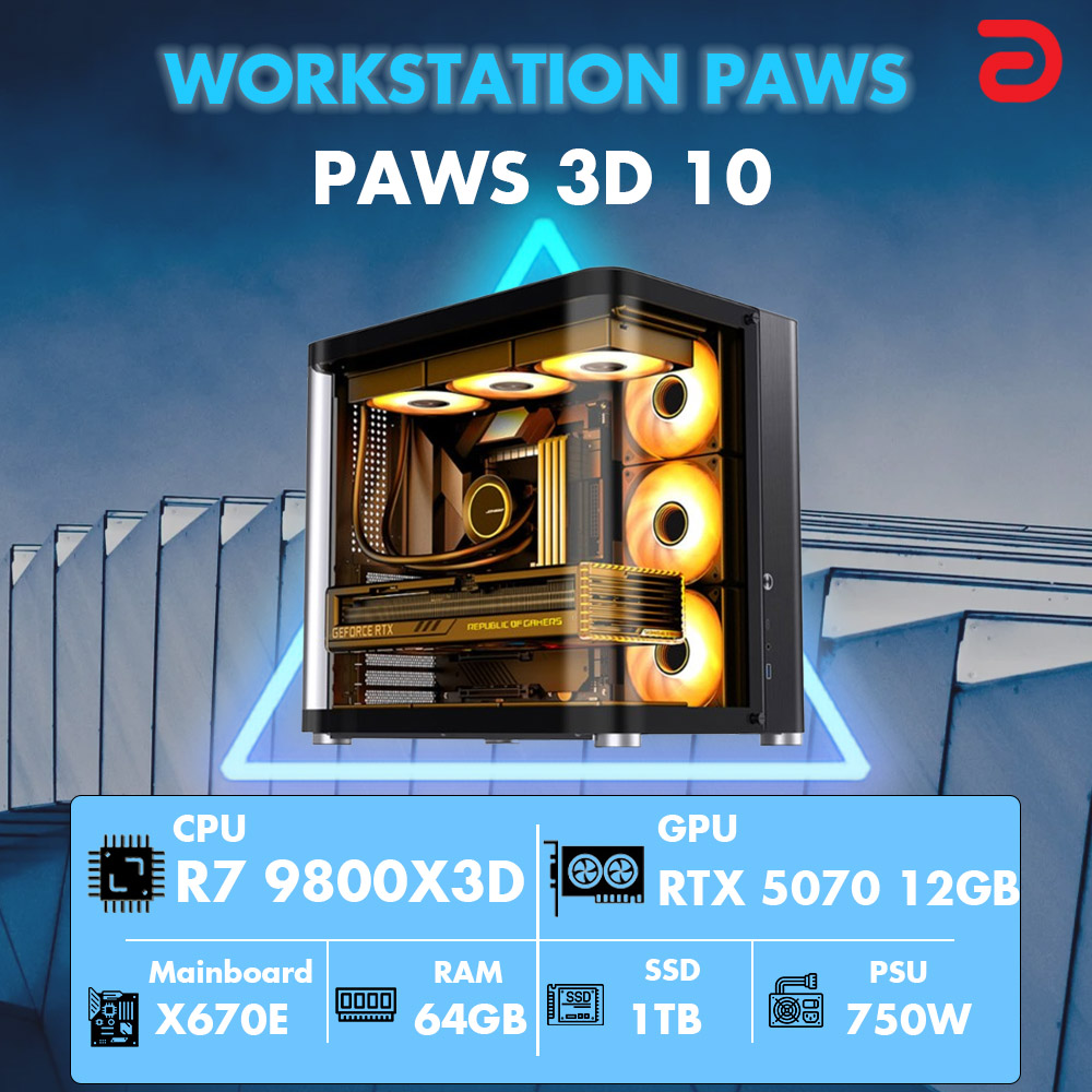 Máy tính PAWS 3D 10 (Ryzen 7 9800X3D/X670/32GB/RTX 5070) 