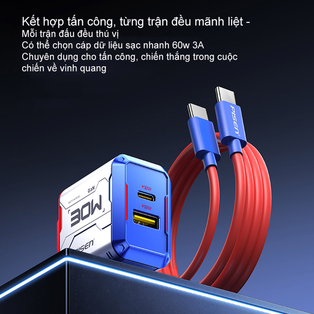 Củ sạc Pisen Gundam Gamer G1 2 cổng type C USB 30W TP-C33 (Kèm cáp type-C) 