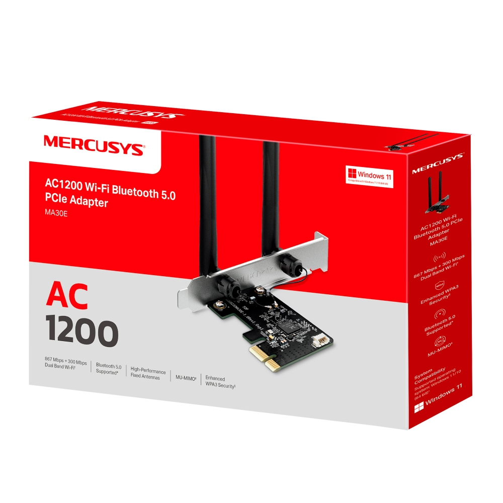 Cạc mạng không dây Mercusys PCI-E MA30E (Chuẩn AC/ AC1200Mbps/ Ăng-ten ngoài/ Bluetooth)