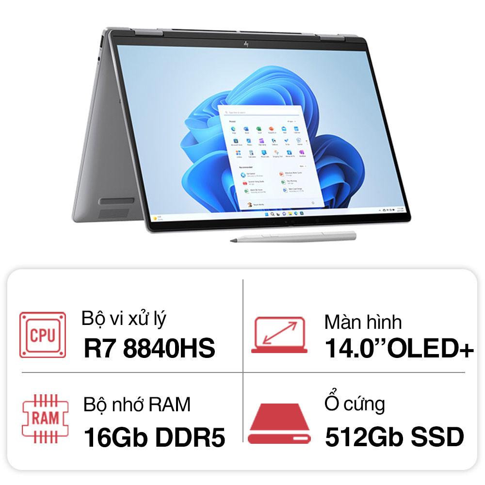 Laptop HP Envy x360 14-fa0048AU A19BQPA (R7 8840HS/ 16GB/ 512GB SSD/ 14.0inch OLED Touch/ 120Hz/ Win11/ Silver/ Vỏ nhôm/ Pen)