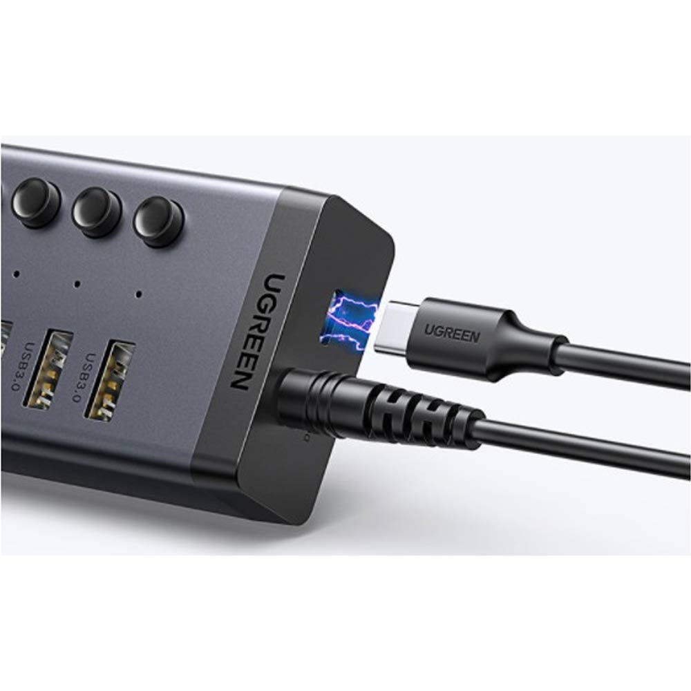 Bộ chia USB Ugreen 90307 1 ra 7 cổng USB 3.0 (công tắc, kèm nguồn 12V2A, chân tròn)