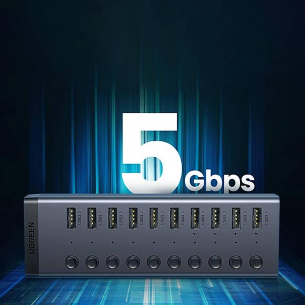 Bộ chia USB Ugreen 90307 1 ra 7 cổng USB 3.0 (công tắc, kèm nguồn 12V2A, chân tròn)