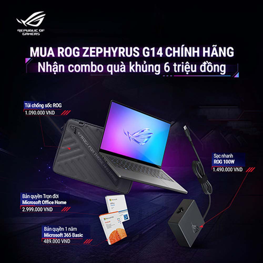 Laptop Asus Gaming ROG Zephyrus GA403WM-QS051WS (AI 9 HX 370/ 32GB/ 1TB SSD/ RTX 5060 8GB/ 14 inch 3K/ 120Hz/ Win 11/ Office/ Grey/ Túi/ Sạc nhanh/ Vỏ nhôm)