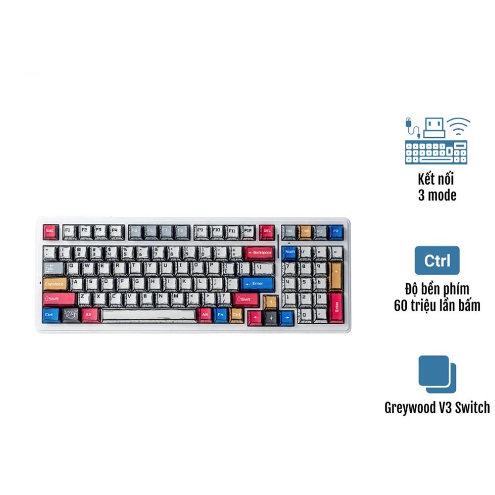 Bàn phím cơ Aula F99 3 Mode Comic Grey Wood V3 switch 