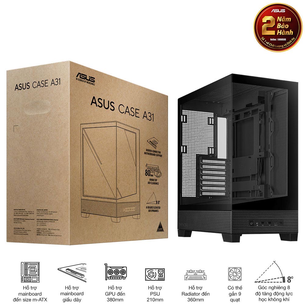 Vỏ máy tính Asus A31 TG BLACK (ATX, tương thích MB giấu dây, hỗ trợ lắp lên tới 10 quạt 120mm)