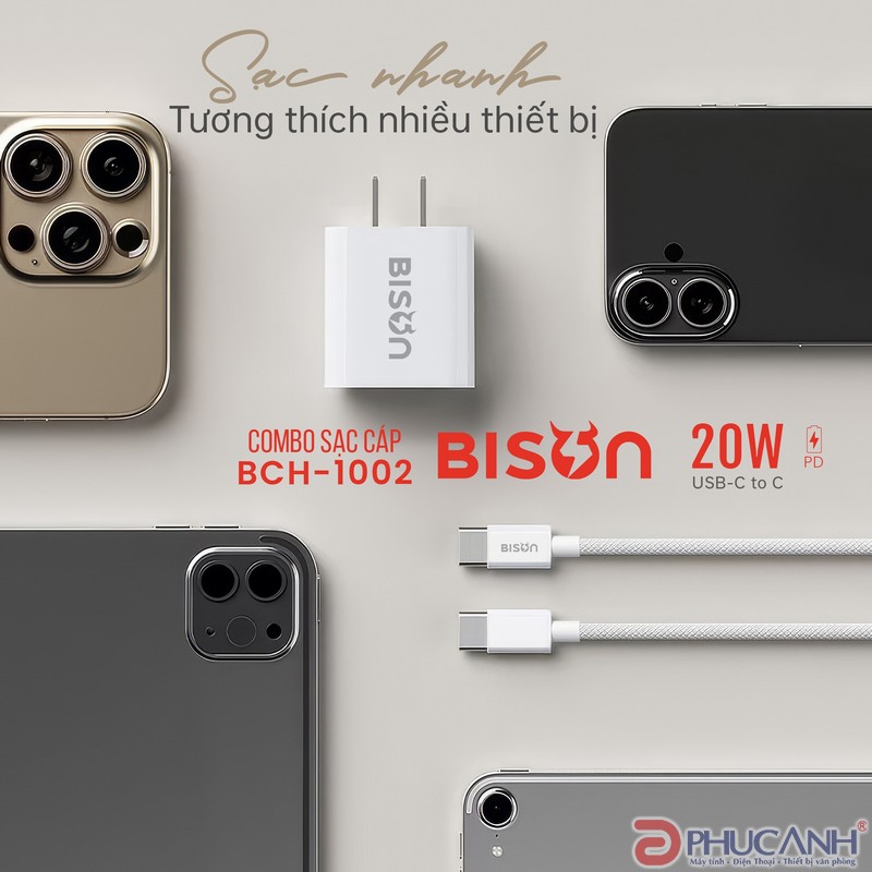 Củ sạc Bison Type C 20W BCH1002 (kèm cáp Type C- type C) 