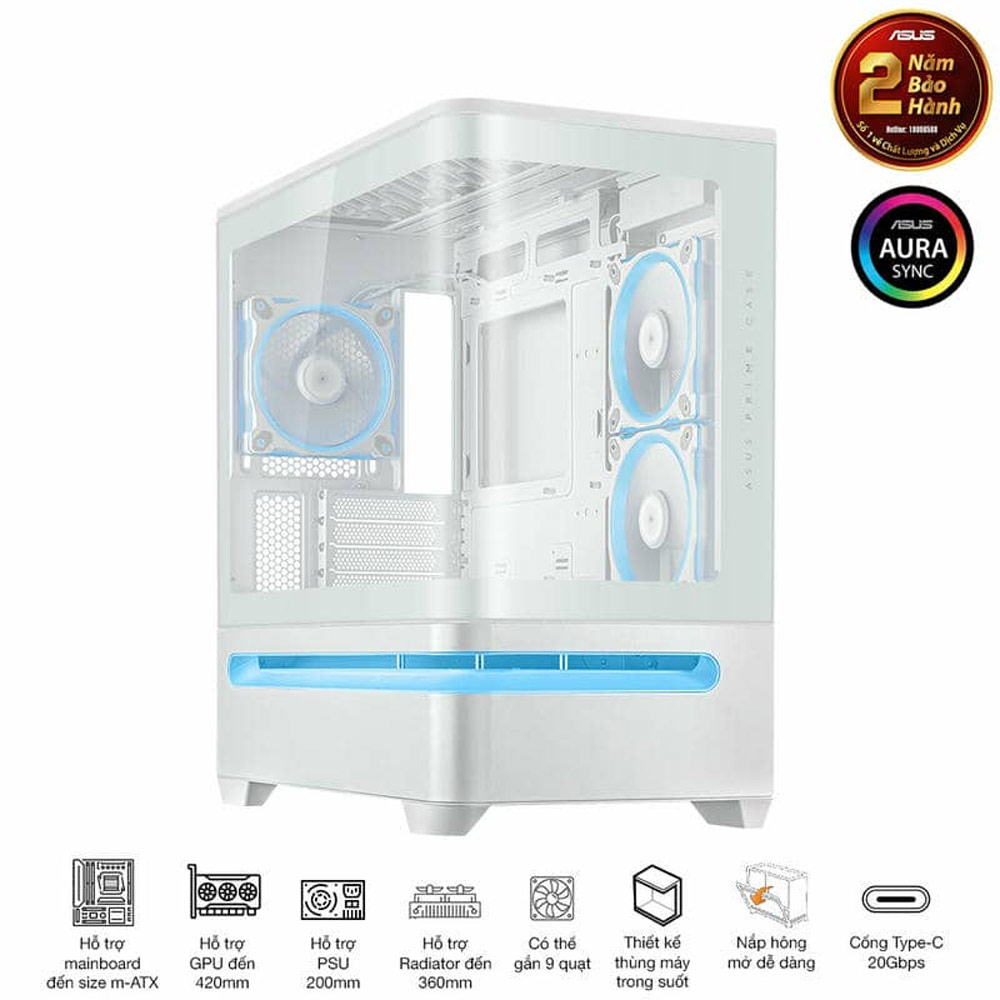 Vỏ máy tính Asus Prime AP202 TG ARGB White (Mid Tower/ M-ATX/ Trắng)