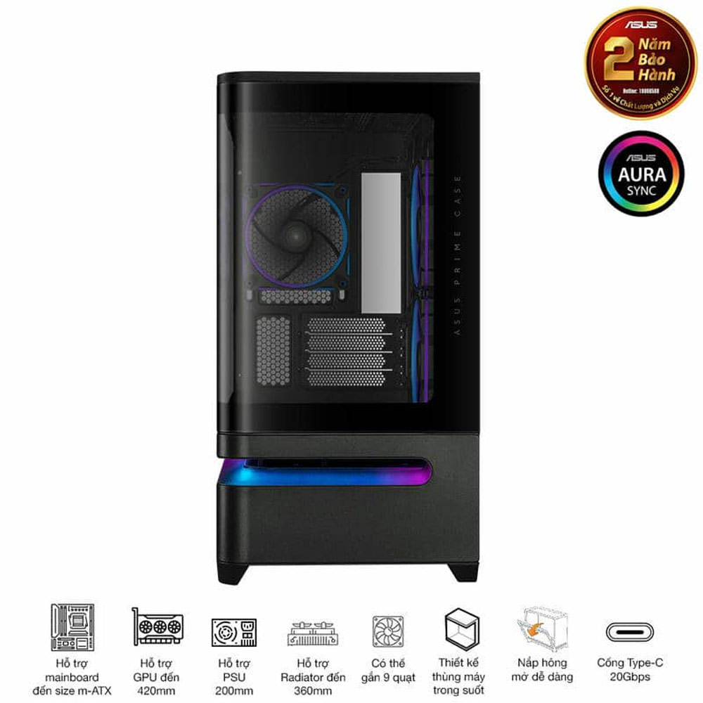 Vỏ máy tính Asus Prime AP202 TG ARGB BLACK (Mid Tower/ M-ATX/ Đen)