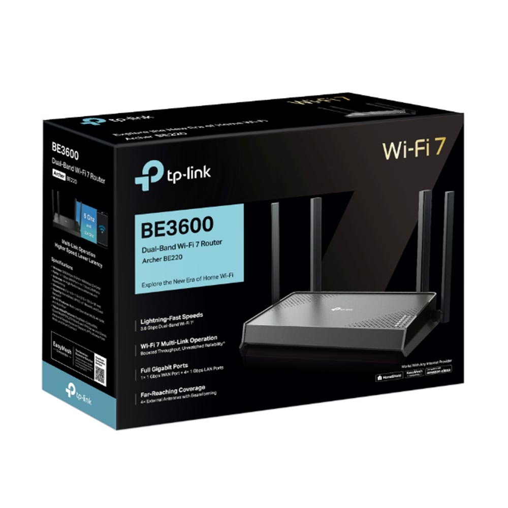 Bộ phát wifi 7 TP-Link Archer BE220 (Chuẩn BE/ 3600Mbps/ 4 Ăng-ten ngoài/ Wifi Mesh/ Dưới 100 User)