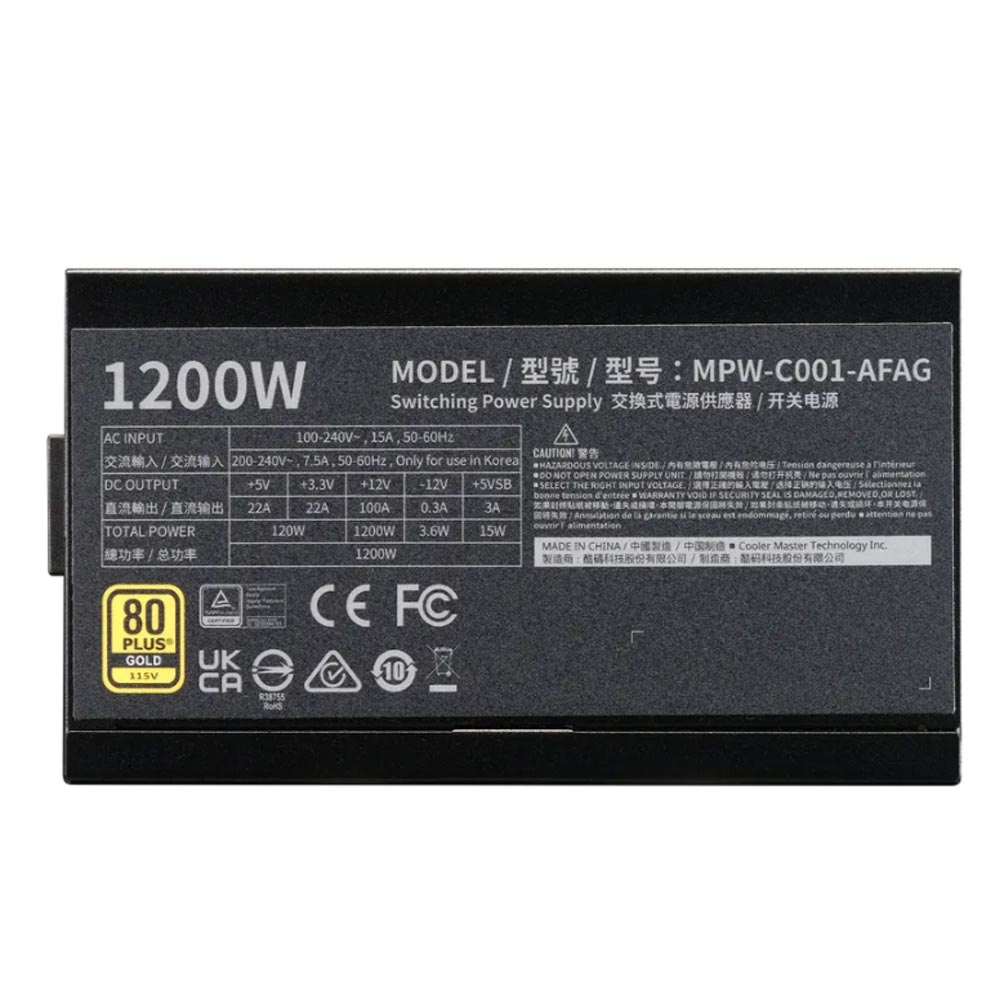 Nguồn máy tính Cooler Master ELITE Gold 1200 FM A/EU cord (1200W/ 80 Plus Gold/ Full-Modular/ ATX/ Đen)