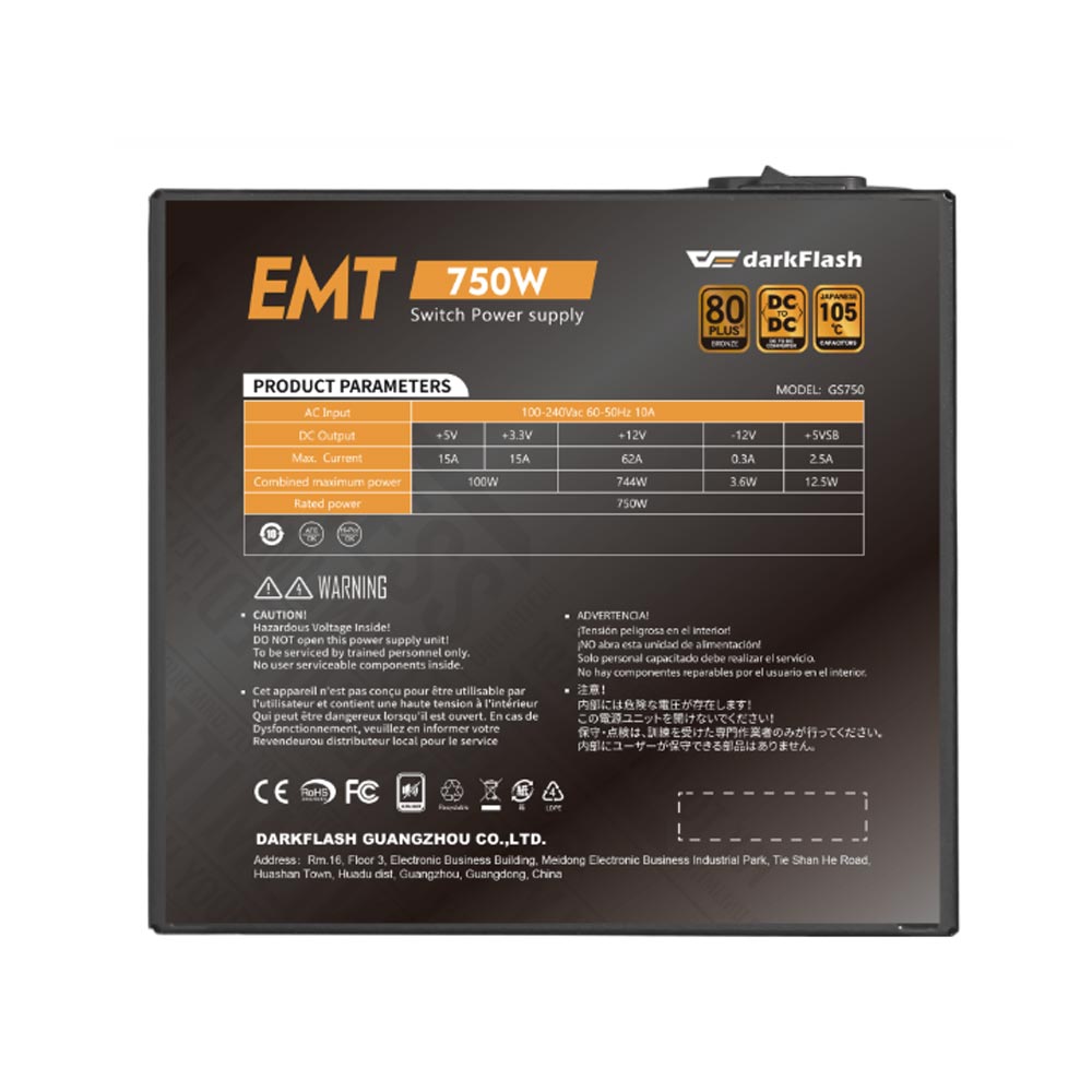 Nguồn máy tính DarkFlash EMT750 (750W/ 80 Plus Bronze/ ATX/ Đen)