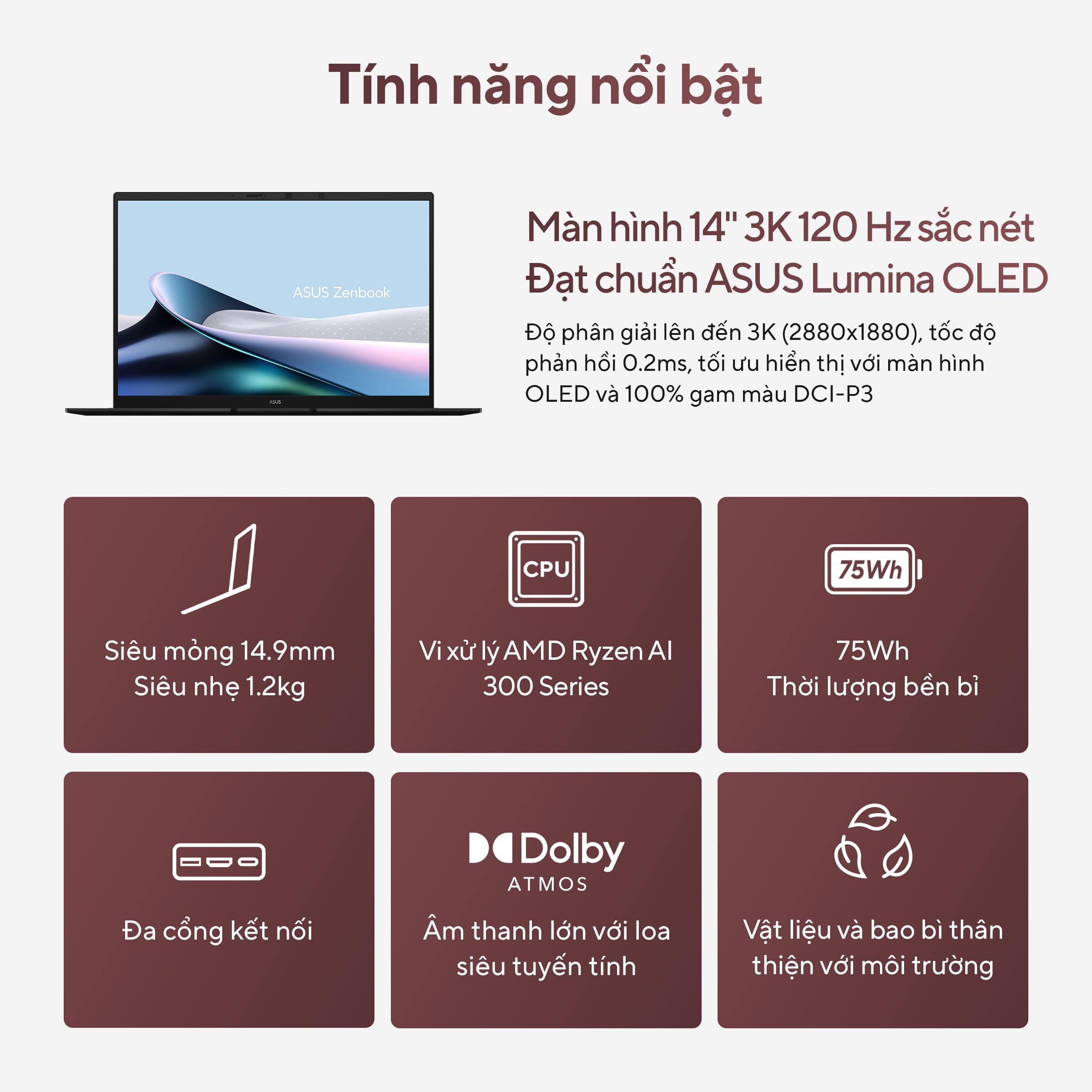 Laptop Asus Zenbook 14 UM3406GA-QD073WS (AI 7 445/ 32GB/ 1TB SSD/ 14 inch OLED/ 60HZ/ Win 11/ Office/ Black/ Vỏ nhôm/ Túi)