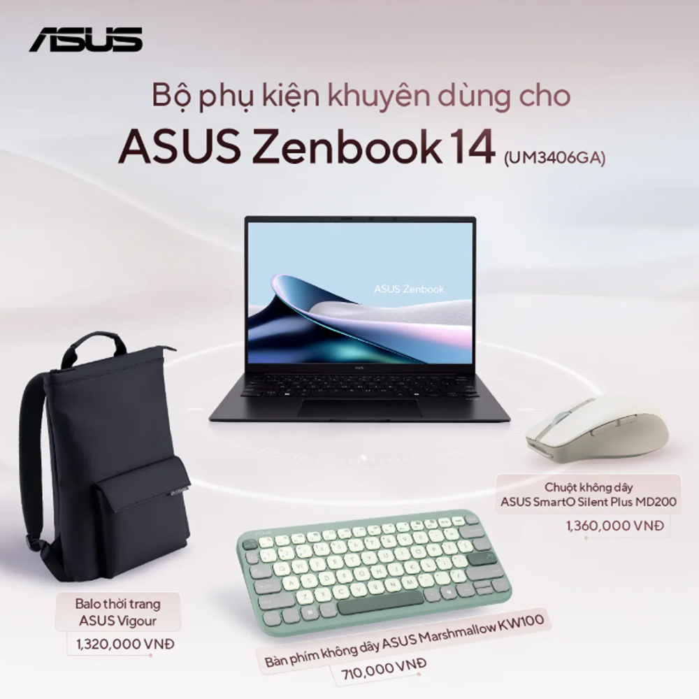 Laptop Asus Zenbook 14 UM3406GA-QD073WS (AI 7 445/ 32GB/ 1TB SSD/ 14 inch OLED/ 60HZ/ Win 11/ Office/ Black/ Vỏ nhôm/ Túi)