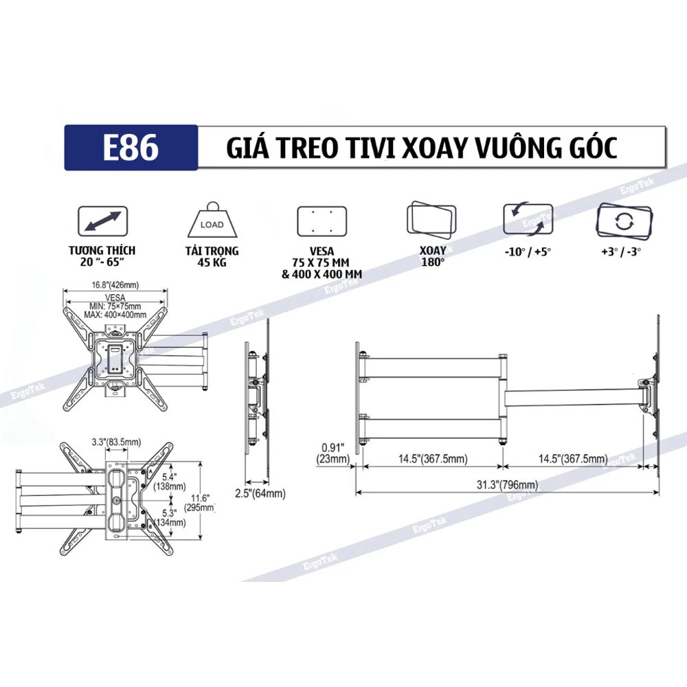 Giá treo Tivi sát tường siêu mỏng Ergotek E86 (20 – 65 Inch)
