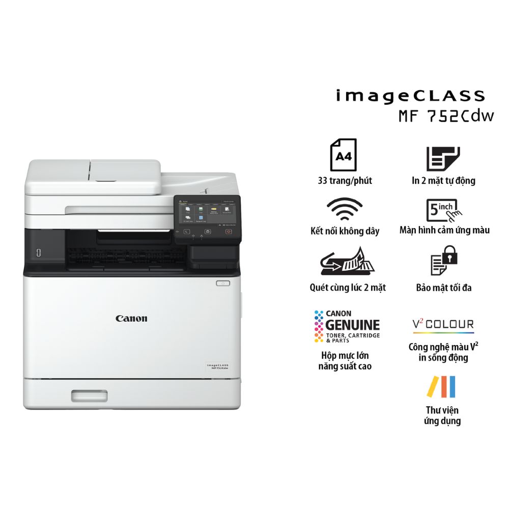 Máy in laser màu Canon MF752CDW (A4/A5/ In/ Copy/ Scan/ Đảo mặt/ ADF/ USB/ LAN/ WIFI)
