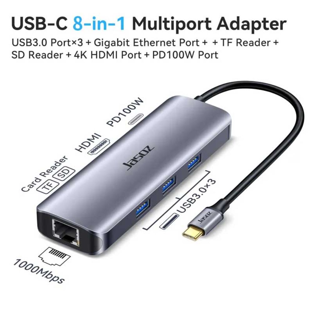 HUB 8 in 1 USB Type C sang HDMI+RJ45 gigabit+3x USB 3.0+PD+SD/TF JASOZ T-H112