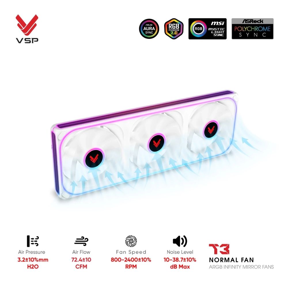Quạt case VSP T3 Normal Trắng (ARGB Infinity Mirror /Fan 3 Liền Khối) 