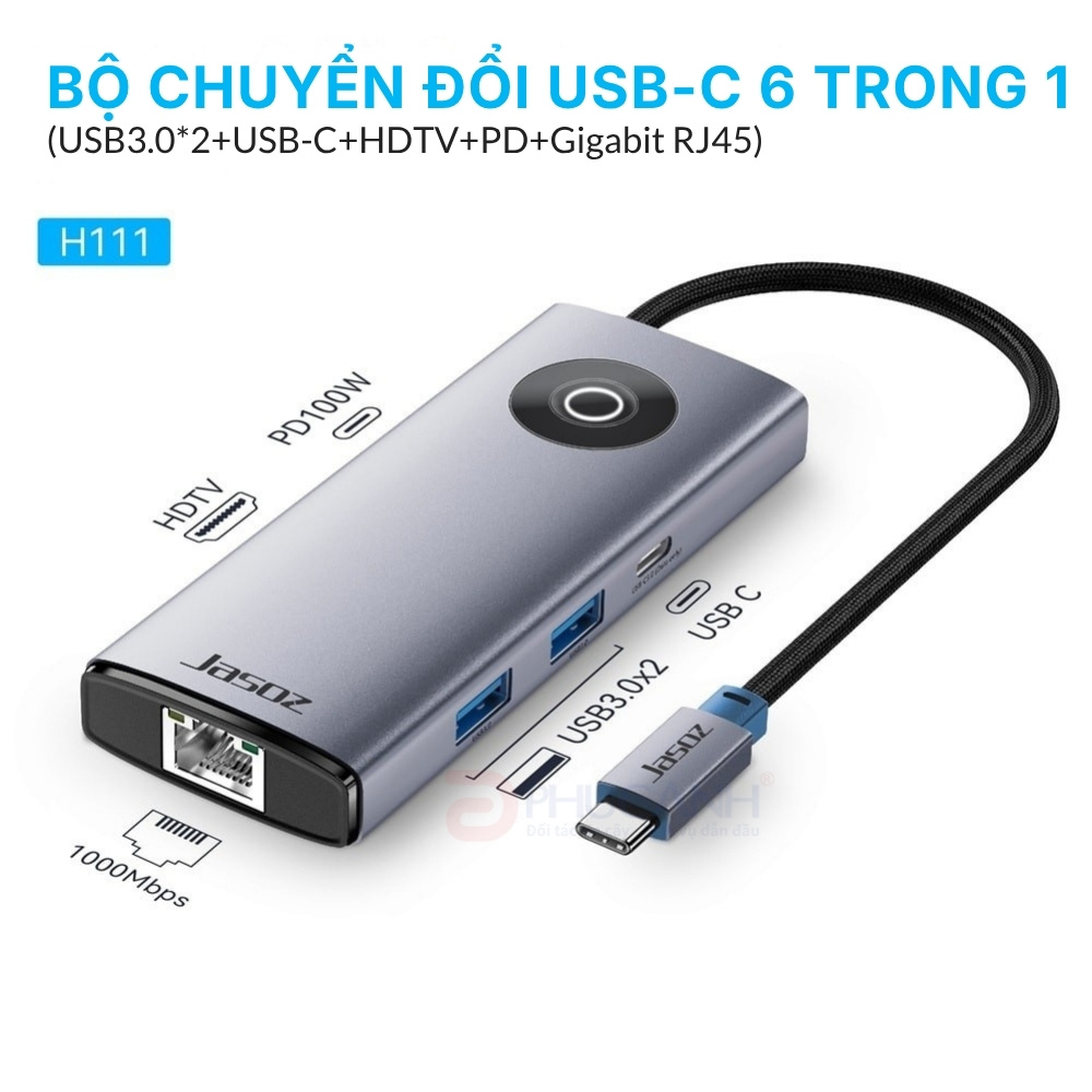 Bộ chuyển Jasoz T-H111 USB-C (Type C) sang HDMI 4K@60Hz, 2×USB 3.0, USB-C 3.0, RJ45 Gigabit, PD 100W