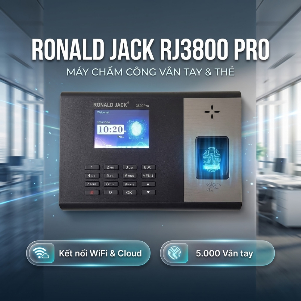 Máy chấm công Ronald Jack RJ3800 Pro (Vân tay + Thẻ từ/ 100.000 Bản ghi/ Không dây)